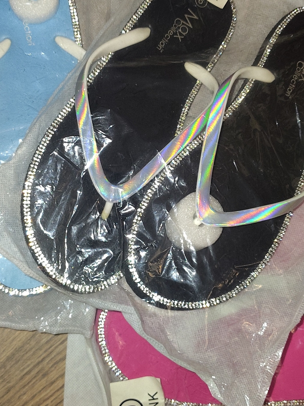 Holographic Strap Black Flip Flops with Rhinestone Trim